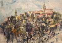 Dipinto a tecnica mista con interventi in acrilico e pigmenti di terre su faesite di cm 118x86 denominato Buie d'istria realizzato da Livio Zoppolato nel 2014