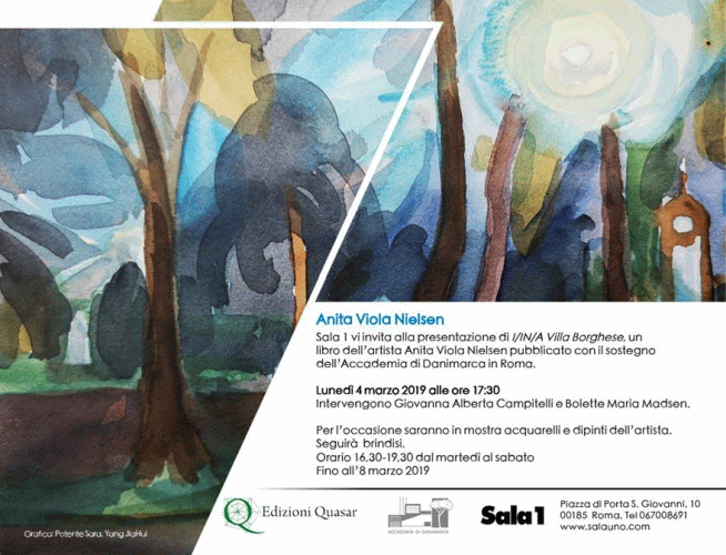 Locandina della mostra di opere ad acquerello e presentazione del libro di Anita Viola Nielsen alla Sala 1 di Roma