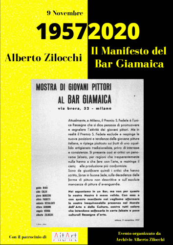 Locandina della mostra di Giovani Pittori al Bar Giamaica allestita il 9 novembre 1957 a Milano