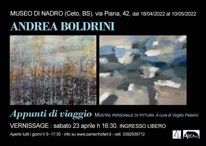 Locandina della mostra Appunti di viaggio con dipinti di Andrea Boldrini