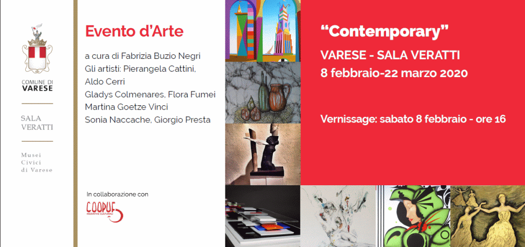 Locandina della mostra Contemporary, a cura di Fabrizia Buzio Negri alla Sala Veratti di Varese