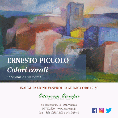 Locandina della mostra di Ernesto Piccolo alla Galleria Edarcom Europa di Roma tra giugno e luglio 2022