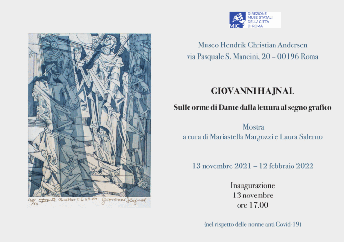 Locandina della rassegna d'arte denominata Sulle orme di Dante dalla lettura al segno grafico con acqueforti realizzate da Giovanni Hajnal