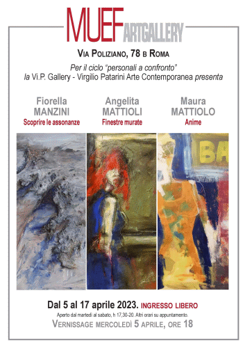 Locandina della mostra con opere di Fiorella Manzini, Angelita Mattioli e Maura Mattiolo