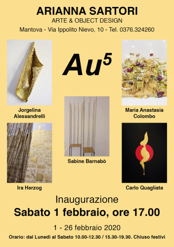 Locandina della mostra Au5 con opere di Jorgelina Alessandrelli, Ira Herzog, Carlo Quagliata, Sabine Barnabò, Maria Anastasia Colombo