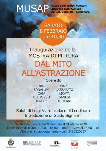 Locandina della mostra Dal Mito all'Astrazione con opere di Baj, Bonalumi, Chia, Del Pezzo, Dorfles, Finzi, Lazzarato, Licata, Sanesi, Tulipani