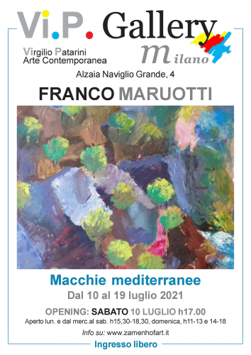 Locandina della mostra di Franco Maruotti denominata Macchie Mediterranee alla VIP Gallery di Milano