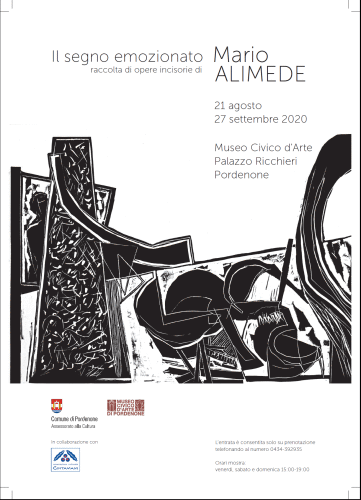 Locandina della mostra Il segno emozionato, raccolta di opere incisorie di Mario Alimede a Pordenone da agosto a settembre 2020