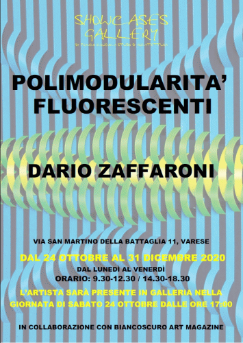 Locandina della mostra Polimodularit� Fluorescenti di Dario Zaffaroni con opere di astrattismo geometrico