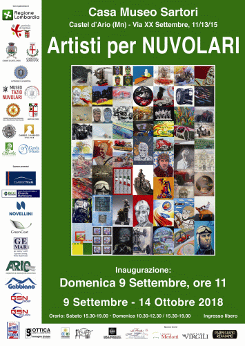Locandina della 6a edizione della mostra Artisti per Nuovolari 2018 alla Casa Museo Sartori di Castel d'Ario