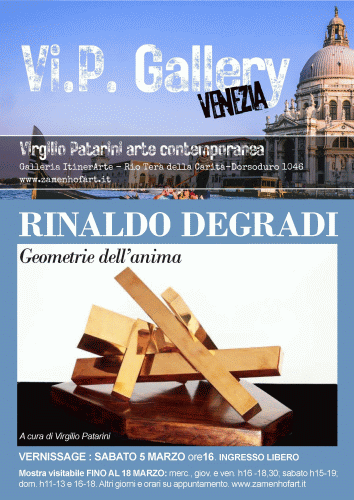 Locandina della rassegna di sculture realizzate da Rinaldo Degradi denominata Geometrie dell'anima
