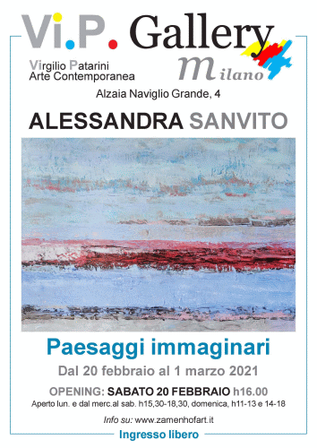 Locandina della mostra Paesaggi immaginari con dipinti di Alessandra Sanvito