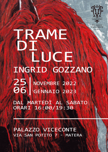 Locandina della mostra di Ingrid Gozzano a Matera con oltre venti opere tra il Figurativo e l'Astratto