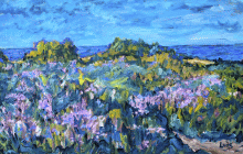 Dipinto a olio su compensato marino di cm 92x60 denominato Campi di lavanda realizzato da Luisia Comelli nel 2014