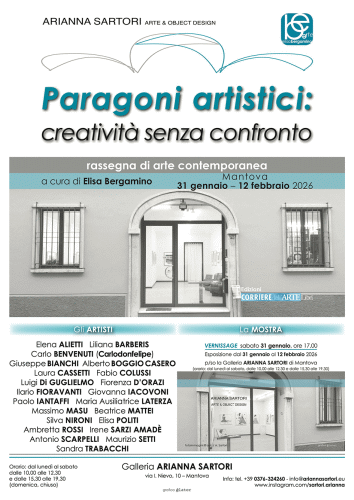 Locandina della mostra Paragoni artistici_Creatività senza confronto allestita alla Galleria Sartori di Mantova tra gennaio e febbraio 2026