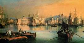 Dipinto Il porto di Trieste sullo sfondo Palazzo Carciotti in una pubblicazione della Rivista delle Assicurazioni Generali ad ottobre 1995