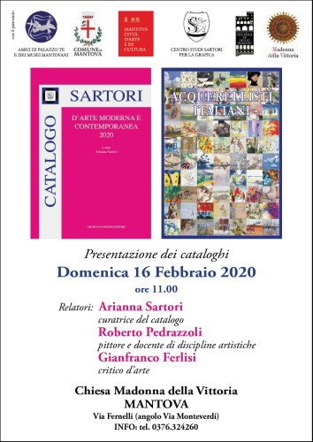 Locandina della presentazione del Catalogo Sartori d'Arte Moderna e Contemporanea 2020 e del volume Acquerellisti Italiani curati da Arianna Sartori