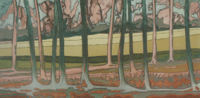 Dipinto a tecnica mista su tela di cm. 60x120 realizzato da Silvano Clavora nel 1988 denominato Alberi