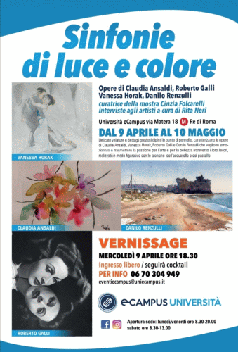 Locandina della mostra Sinfonie di luce e colore con opere di opere di Claudia Ansaldi, Vanessa Horak, Roberto Galli e Danilo Renzulli