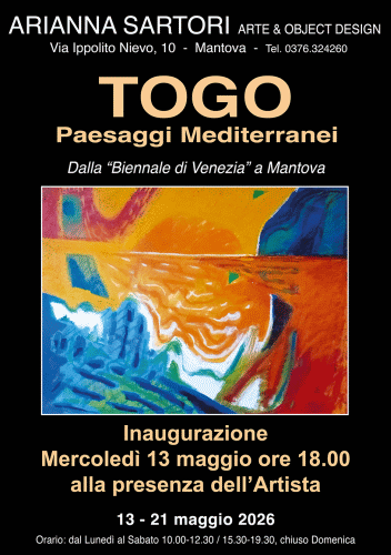 Locandina della mostra Paesaggi mediterranei con dipinti di Togo, fondo della locandina di colore nero e al centro immagine di uno dei dipinti di in esposizione alla galleria sartori di mantova