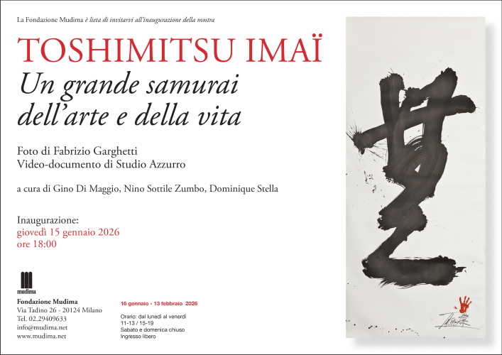 Locandina della mostra Un grande samurai dell'arte e della vita con opere di Toshimitsu Imaï