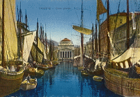 Cartolina che raffigura una serie di navi davanti a Trieste