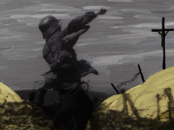 Opera di computergrafica di Lily Bonner e foto d'epoca rappresentante soldato tedesco denominata Attacco alla trincea rielaborata da Alessandro Gualtieri