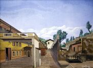 Dipinto a tecnica mista su cartone denominato Case-interno realizzato nel 1943 da Vito Timmel